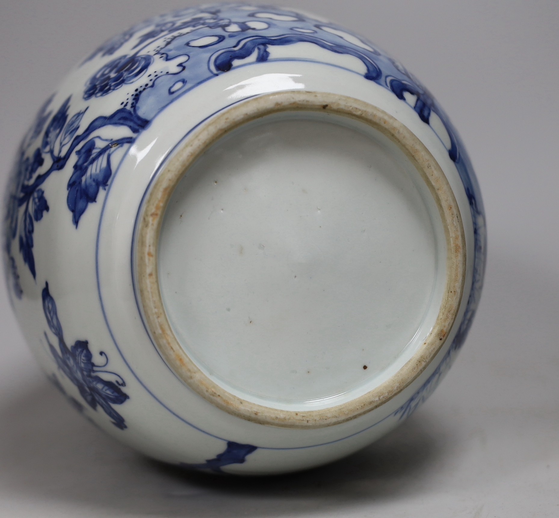 A Chinese blue and white bird amongst the branches ovoid jar, 27cm tall